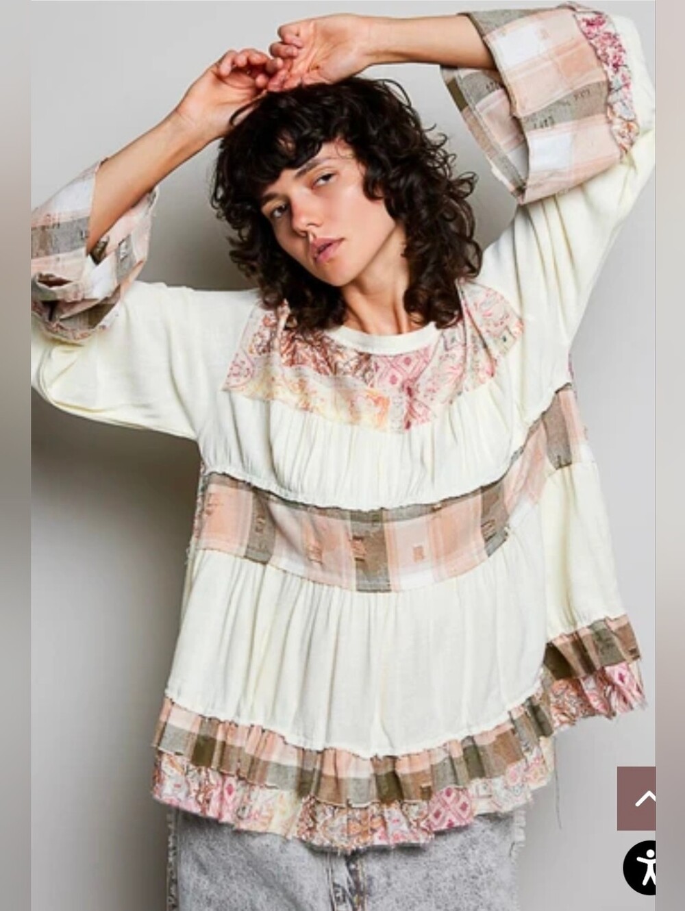 NEW!! POL Boho Cream Patchwork Tiered Peasant Top With Bell Sleeves, NWT